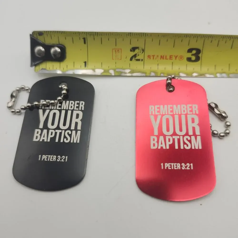 Remember Your Baptism 2pc Dog Tag Keychain Set 1 Peter 3:21 Christian Black Red